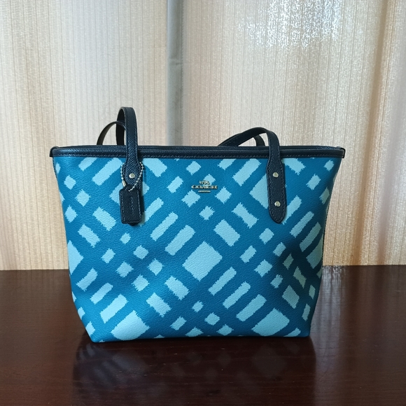 Coach Wild Plaid Blue Leather Mini City Zip Tote - Picture 1 of 5